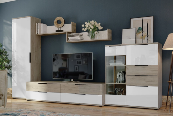 Комод со стеклом Альянс Дуб крафт/Белый глянец